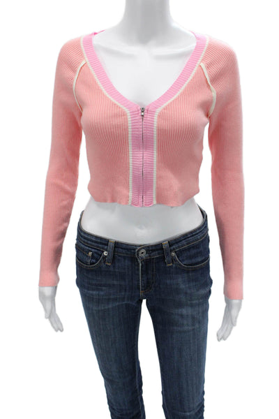Gab kate Women Cropped V-Neck Zip Sweater Pink Long Sleeve Size S