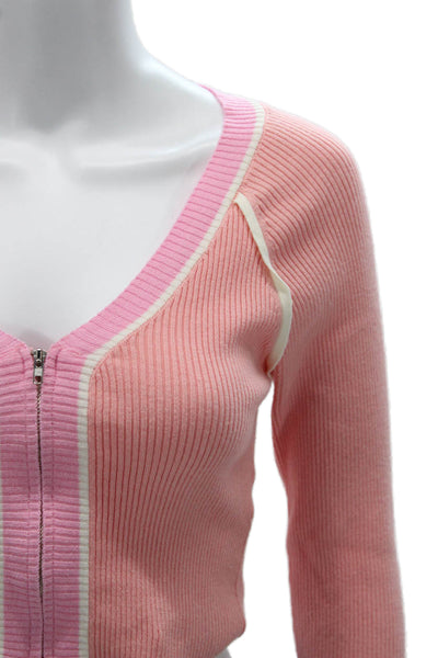 Gab kate Women Cropped V-Neck Zip Sweater Pink Long Sleeve Size S