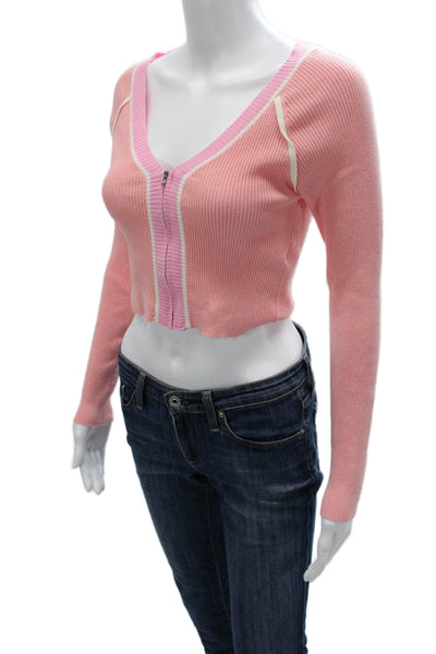 Gab kate Women Cropped V-Neck Zip Sweater Pink Long Sleeve Size S