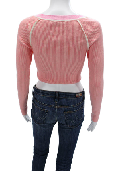 Gab kate Women Cropped V-Neck Zip Sweater Pink Long Sleeve Size S