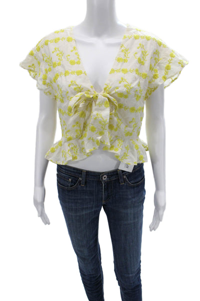 Tularosa Womens White Cropped Floral V-Neck Short Sleeve Blouse Boho Size S
