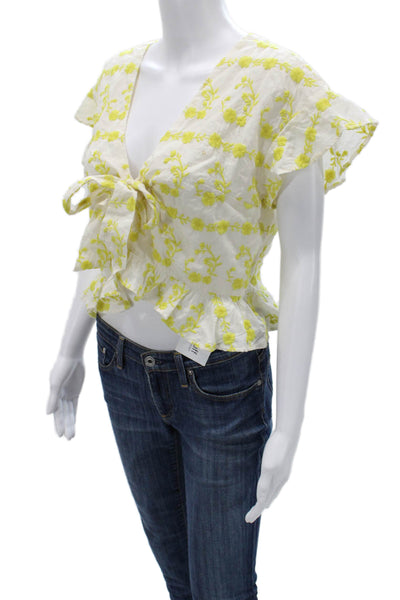 Tularosa Womens White Cropped Floral V-Neck Short Sleeve Blouse Boho Size S
