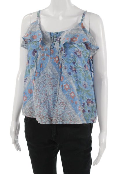 Antik Batik Womens Camisole Blue Floral Tie Sleeveless Boho Size S
