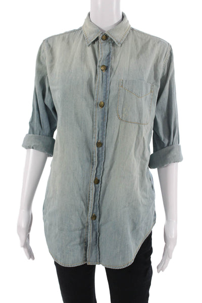 Current/Elliott Unisex Button-Down Cotton Light Blue 3/4 Sleeve Top Size 1