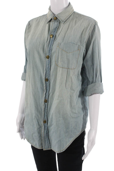 Current/Elliott Unisex Button-Down Cotton Light Blue 3/4 Sleeve Top Size 1