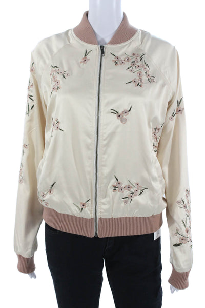 Lovers + Friends Womens Bomber Jacket Beige Floral Zip Crew Neck Size S
