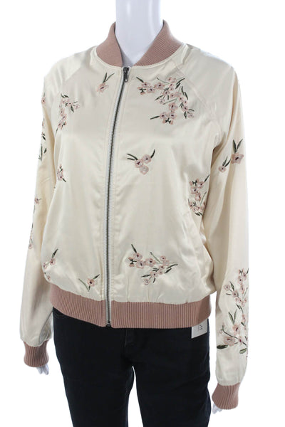 Lovers + Friends Womens Bomber Jacket Beige Floral Zip Crew Neck Size S