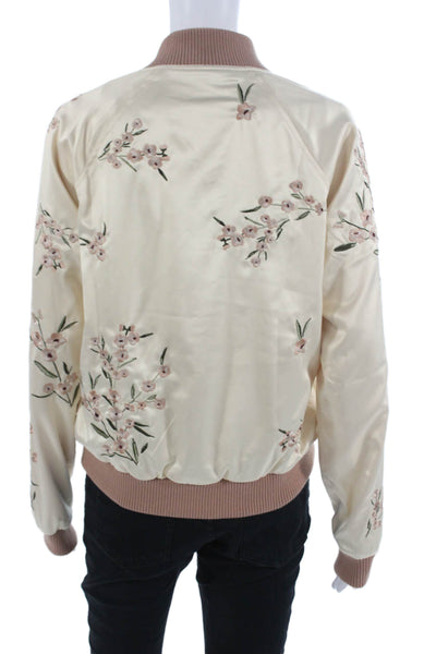 Lovers + Friends Womens Bomber Jacket Beige Floral Zip Crew Neck Size S
