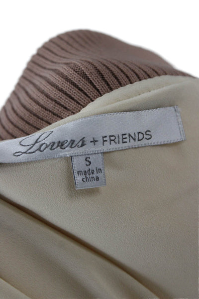 Lovers + Friends Womens Bomber Jacket Beige Floral Zip Crew Neck Size S