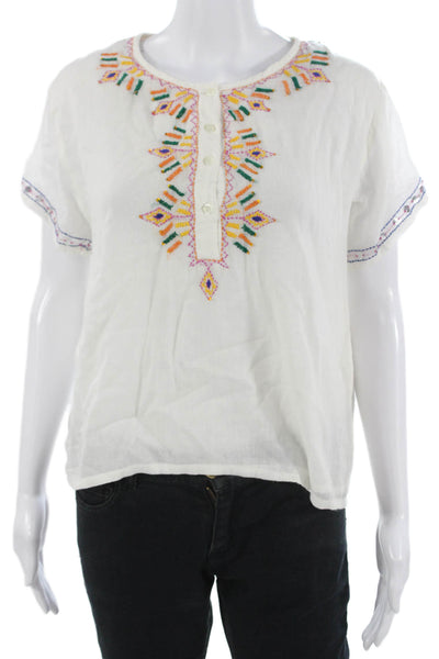 Antik Batik Womens Tunic Blouse White Geometric Cotton Short Sleeve Size S