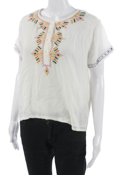 Antik Batik Womens Tunic Blouse White Geometric Cotton Short Sleeve Size S