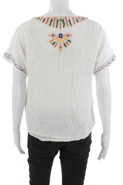 Antik Batik Womens Tunic Blouse White Geometric Cotton Short Sleeve Size S