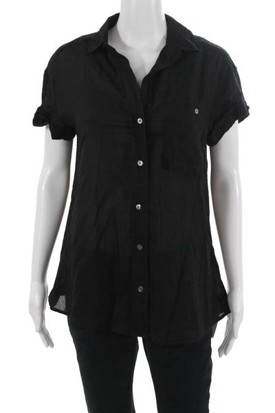 Standard James Perse Women Black Collared Short Sleeve Button-Up Cotton Size 2