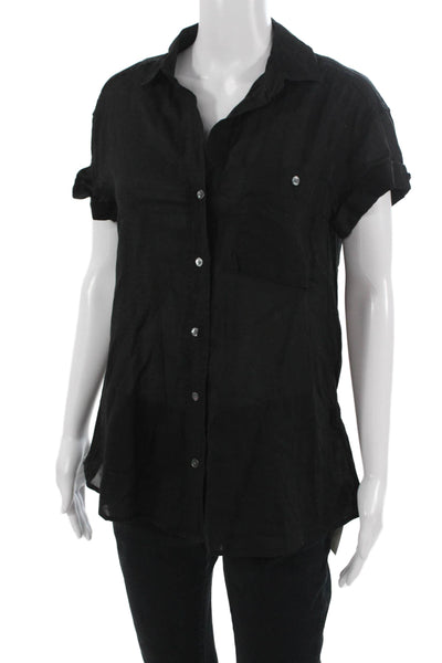 Standard James Perse Women Black Collared Short Sleeve Button-Up Cotton Size 2