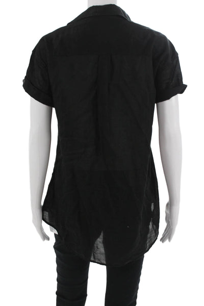 Standard James Perse Women Black Collared Short Sleeve Button-Up Cotton Size 2