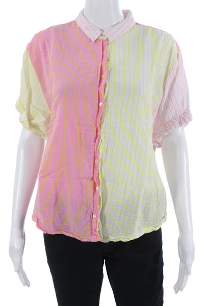 Xirena Women Pink Striped Cotton Collared Button Up Blouse Short Sleeve Size M