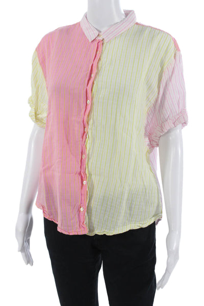 Xirena Women Pink Striped Cotton Collared Button Up Blouse Short Sleeve Size M