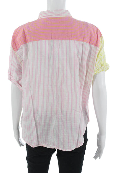 Xirena Women Pink Striped Cotton Collared Button Up Blouse Short Sleeve Size M
