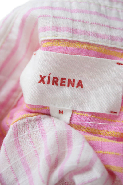 Xirena Women Pink Striped Cotton Collared Button Up Blouse Short Sleeve Size M