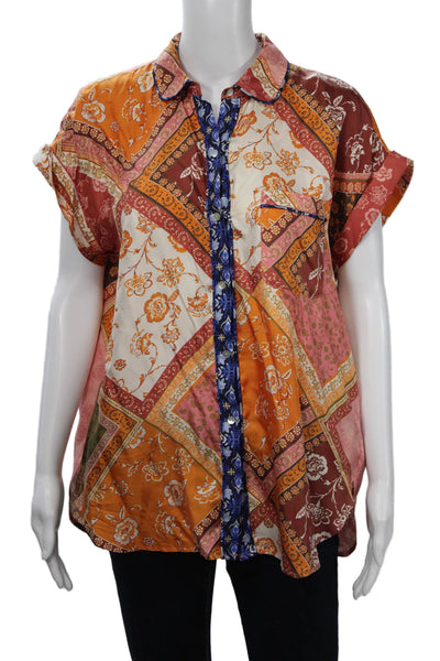 Unsubscribed Women Floral Short Sleeve Silk Blend Button-Up Orange Size M