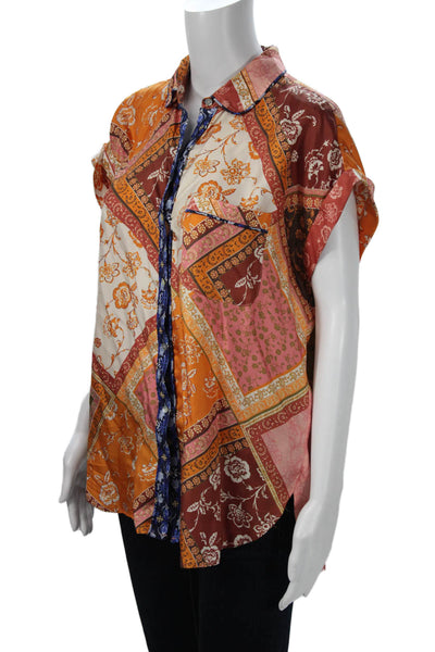 Unsubscribed Women Floral Short Sleeve Silk Blend Button-Up Orange Size M