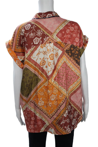 Unsubscribed Women Floral Short Sleeve Silk Blend Button-Up Orange Size M