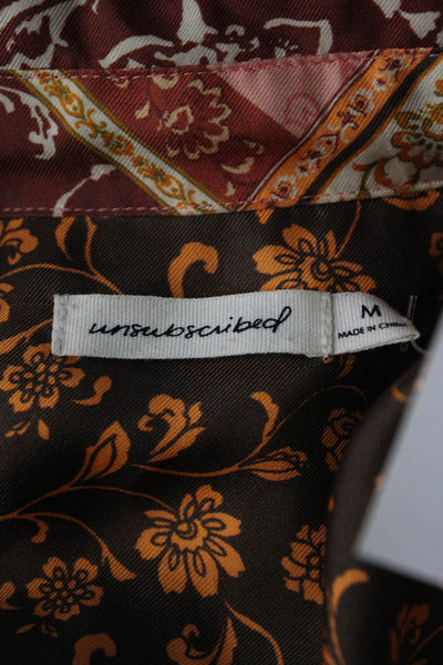 Unsubscribed Women Floral Short Sleeve Silk Blend Button-Up Orange Size M