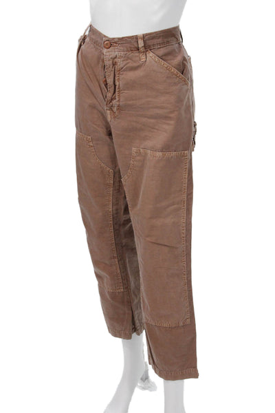 NSF Unisex Cropped Cargo Pants Brown 100% Cotton Army Button Size 25