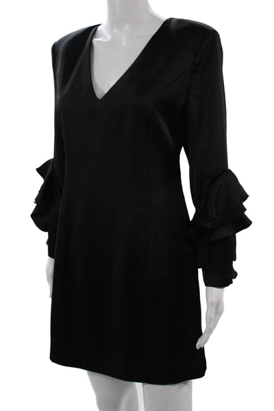 Ramy Brook Womens Black Shift Mini Dress Long Sleeve V Neck Hook Eye Size 6