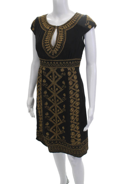 Nanette Lepore Women Black Silk Geometric Short Sleeve Shift Dress Size 6