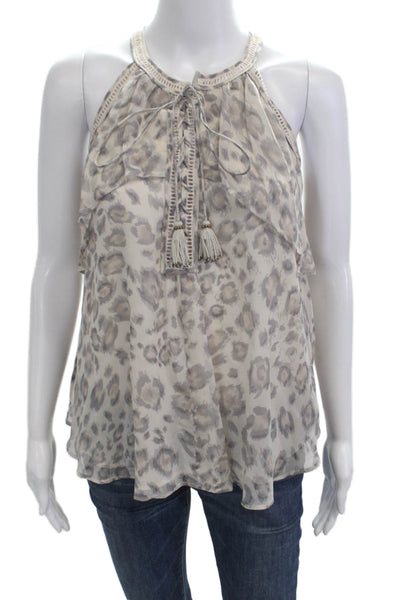 Rebecca Taylor Women Beige Silk Leopard Print Drawstring Tank Size 0