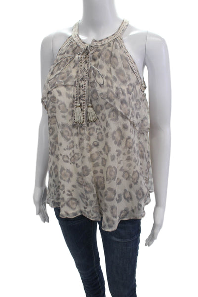 Rebecca Taylor Women Beige Silk Leopard Print Drawstring Tank Size 0