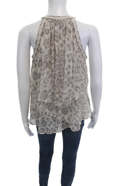Rebecca Taylor Women Beige Silk Leopard Print Drawstring Tank Size 0