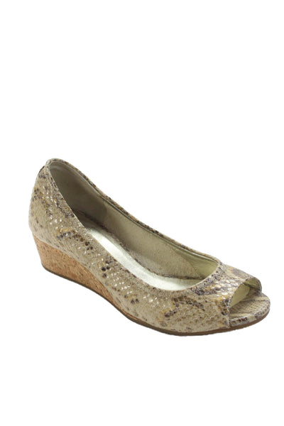 Cole Haan Womens Snakeskin Print Peep Toe Wedge Pumps Beige Size 5 B