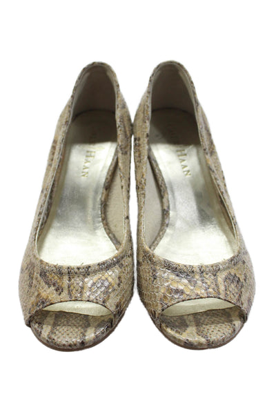 Cole Haan Womens Snakeskin Print Peep Toe Wedge Pumps Beige Size 5 B