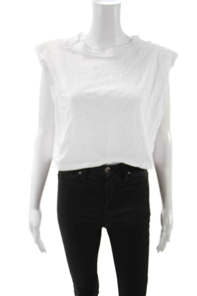 Babaton Women Cropped Basic Sleeveless White Crew Neck Button T-Shirt Size M
