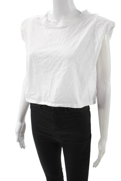 Babaton Women Cropped Basic Sleeveless White Crew Neck Button T-Shirt Size M