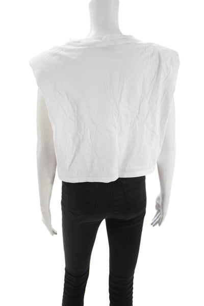 Babaton Women Cropped Basic Sleeveless White Crew Neck Button T-Shirt Size M