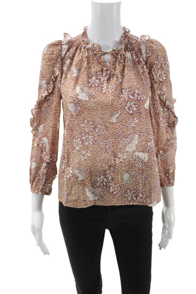 Ulla Johnson Womens Beige Floral High Neck 3/4 Sleeve Blouse Size 00
