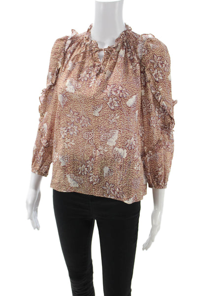 Ulla Johnson Womens Beige Floral High Neck 3/4 Sleeve Blouse Size 00