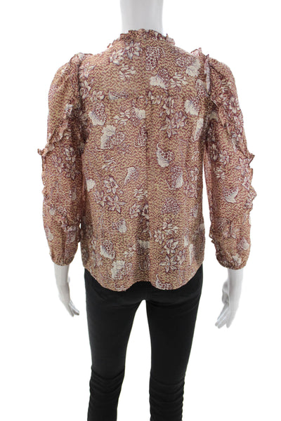 Ulla Johnson Womens Beige Floral High Neck 3/4 Sleeve Blouse Size 00