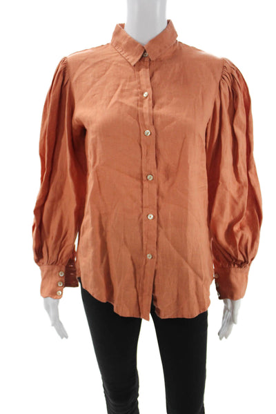 Lanhtropy Women Collared Linen Button Long Sleeve Basic Shirt Orange Size S