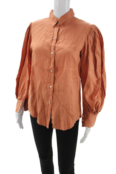 Lanhtropy Women Collared Linen Button Long Sleeve Basic Shirt Orange Size S