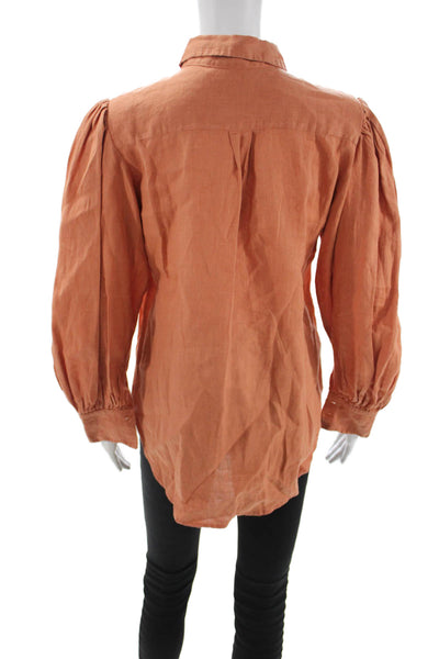 Lanhtropy Women Collared Linen Button Long Sleeve Basic Shirt Orange Size S