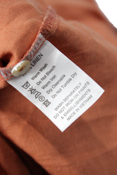 Lanhtropy Women Collared Linen Button Long Sleeve Basic Shirt Orange Size S
