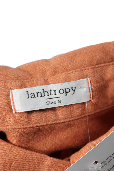Lanhtropy Women Collared Linen Button Long Sleeve Basic Shirt Orange Size S