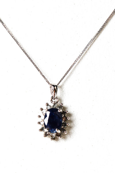Designer Womens 14K W Gold Sapphire+Diamond Halo Pendant + 18K Chain 18" 1.7g
