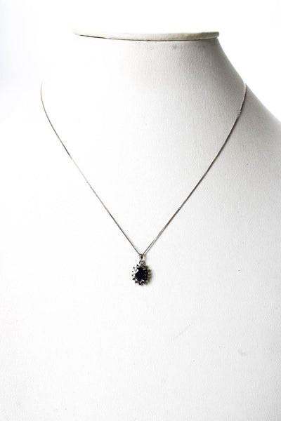Designer Womens 14K W Gold Sapphire+Diamond Halo Pendant + 18K Chain 18" 1.7g