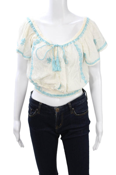 Blue Boheme Women Cropped Blouse White Floral Cotton Short Sleeve Size One Size