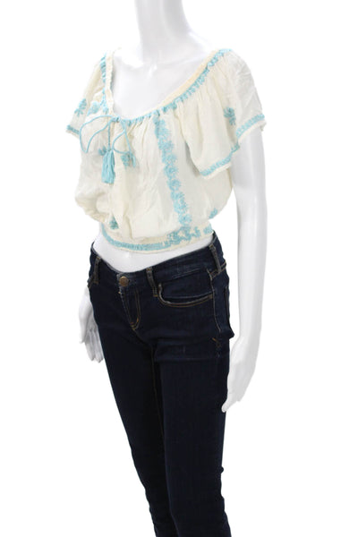 Blue Boheme Women Cropped Blouse White Floral Cotton Short Sleeve Size One Size